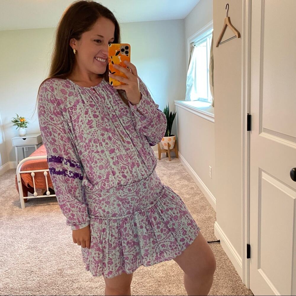Hemant & Nandita Blue Purple Floral Sequin Smocked Long Sleeve Mini Dress XS - Picture 6 of 16